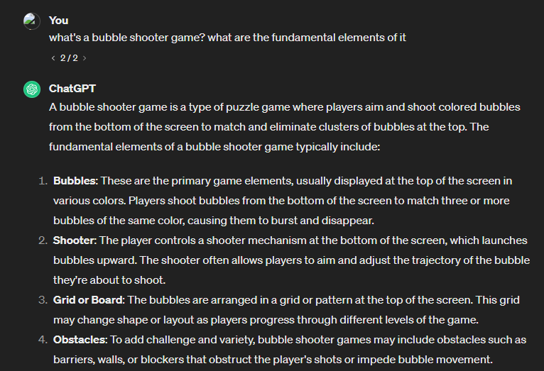Chatgpt describing bubble shooter game